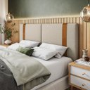 Ver imagem 2 de Cabeceira Artemis Queen Linho Cru com Detalhes Couro Caramelo - Ms