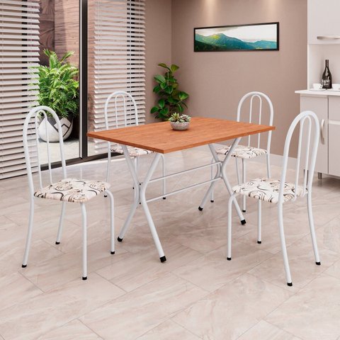 Conjunto de Mesa Tubular 62 100x60cm Tampo em MDF com 4 Cadeiras Ane B Branco/Arabesco