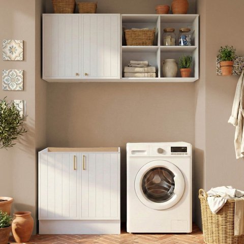 Lavanderia Modulada 3 Peças 1 Aéreo 1 Balcão sem Tampo 1 Nicho 80cm Marselha CabeCasa MadeiraOriginals Madeiraorigina Branco