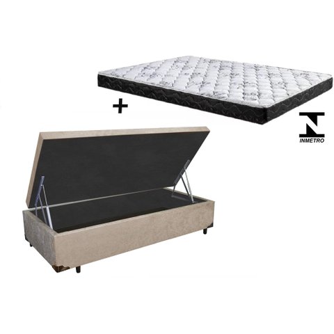 Cama Box Baú Solteiro Conforto Suede Bege + Colchão Solteiro Conforto Espuma D23 Com EPS 20x88x188