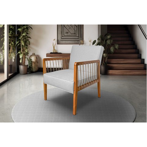 Poltrona Maia em Linho com Base Madeira Corda Náutica Linho Cinza Bz Home Decor