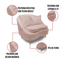 Poltrona Decorativa Orgânica Pé Ferro Dou Zaya Bouclê Rosê C05 - D'Rossi - 3