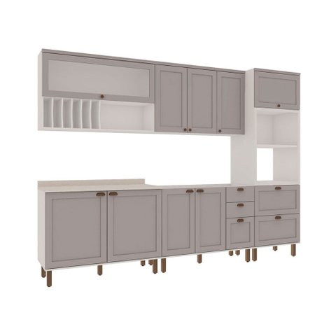 Cozinha Completa Iluminata Luna 10 Portas 4 Gavetas 100% MDF com Vidro Branco/Fendi - Genialflex