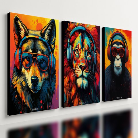 Kit 3 Quadro Decorativo Animais Colorido Abstrato Luxo Fone Qualidade Premium 28x20cm