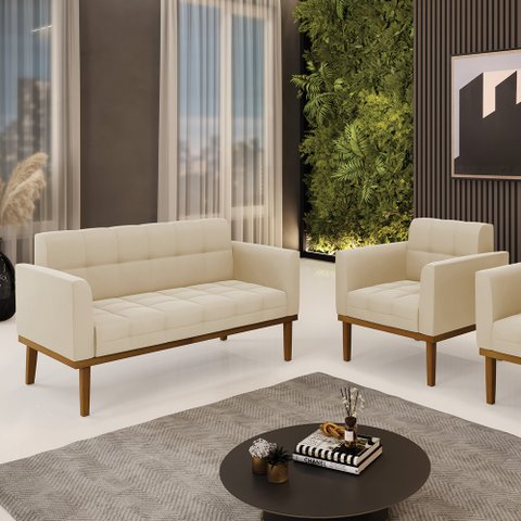 Conjunto Poltrona e Namoradeira Decorativas Karen Pés Fixo em Madeira Castanho Suede Bege G19 - Gran