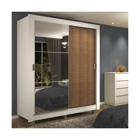 Guarda-Roupa Solteiro Madesa Dallas 2 Portas de Correr com Espelho 2 Gavetas com Pés Branco/Rustic C