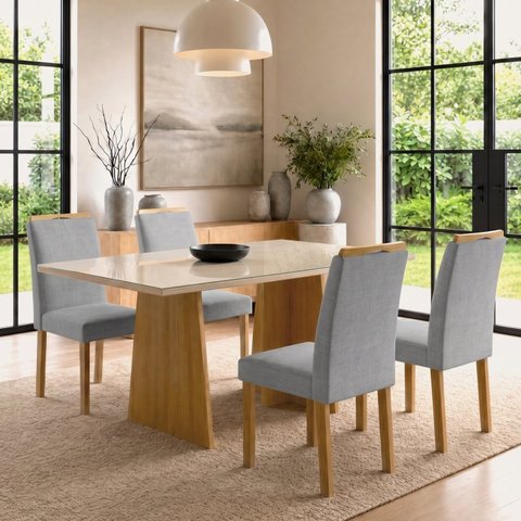 Conjunto Sala de Jantar 4 Lugares Retangular Tampo Vidro MDF 120x80cm Mesa e Cadeiras Lyra