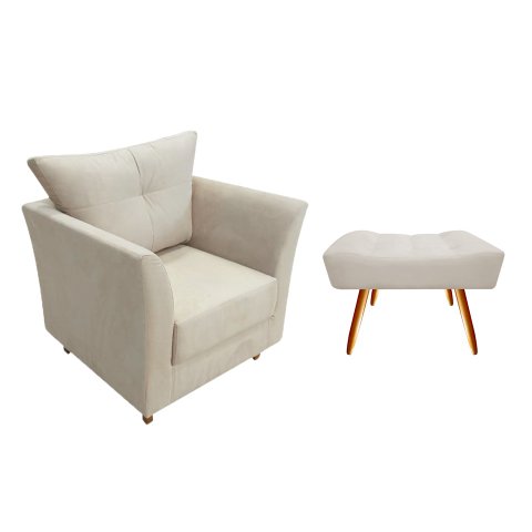 Kit Poltrona Decorativa Isis + Puff Retangular Couro Bege Pés Madeira Mz Decor