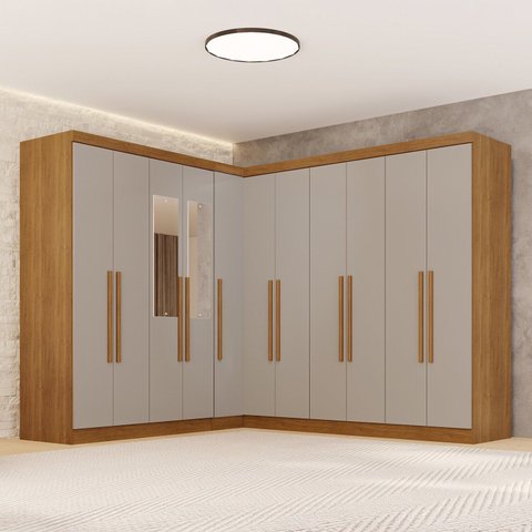 Guarda-Roupa de Canto com Espelho Modulado 11 Portas 4 Gavetas Espanha Bege/Cinamomo/Off-White