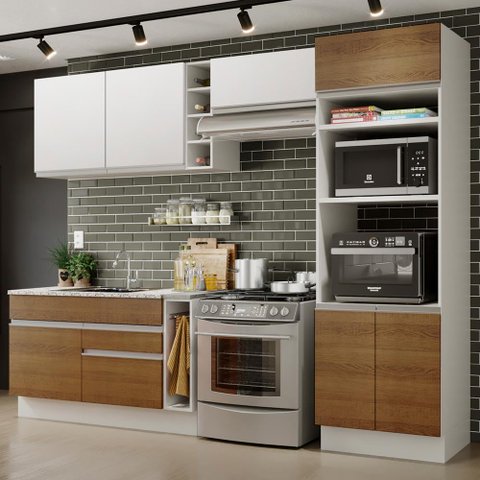 Armário de Cozinha Completa 290cm Branco/Rustic/Branco Cristal Madesa 09
