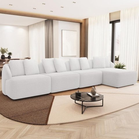 Sofá 5 Lugares com Chaise Direito Sala Living 388cm Arlo F04 Bouclê Branco - Lyam Decor