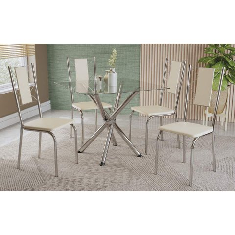 Conjunto Sala de Jantar Mesa com 4 Cadeiras Estofadas Cromado 794 Kappesberg Crome Cromado/nude