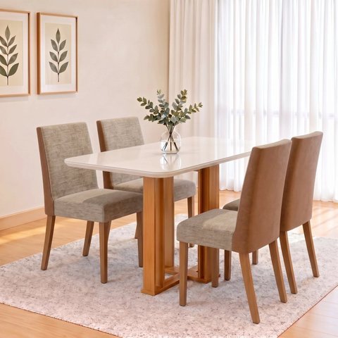 Conjunto Sala de Jantar Mesa Manu 120cm Tampo MDF e Vidro Canto Arredondado 4 Cadeiras Anne