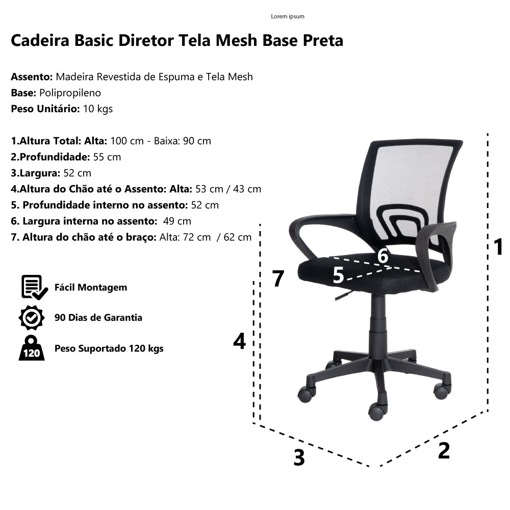 Cadeira De Escritório Basic Diretor Estofado Tela Mesh Base Giratória Preta Altura Ajustável - 5