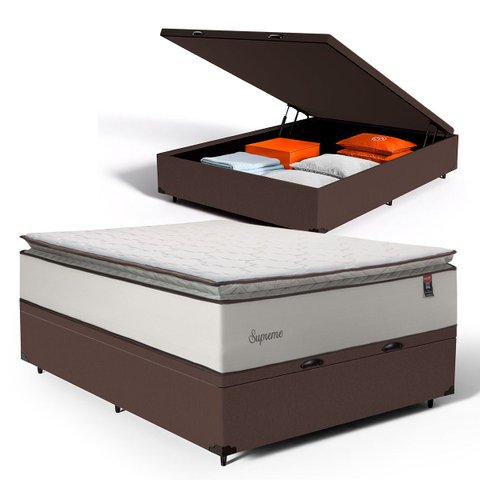 Cama Box Baú com Colchão de Molas Ensacadas Pillow Top Supreme Lux Casal 138cm