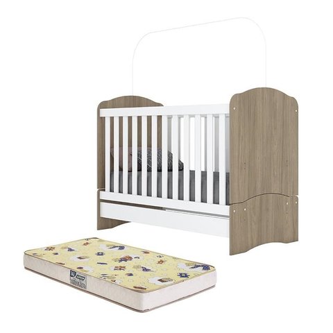 Berço Mini Cama Bala de Menta Rústico/Branco com Colchão - Móveis Henn