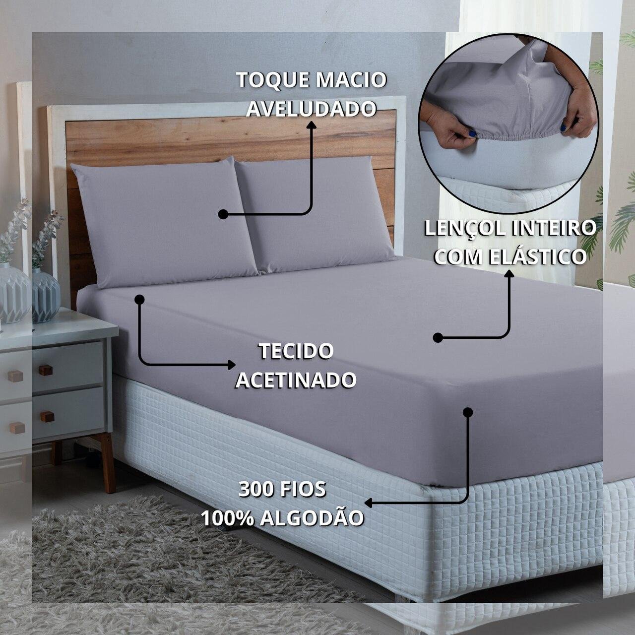 Kit Roupa Cama Queen 100% Algodão 3 Peças Percal 300 Fios Hotel Pousada:cinza - 4