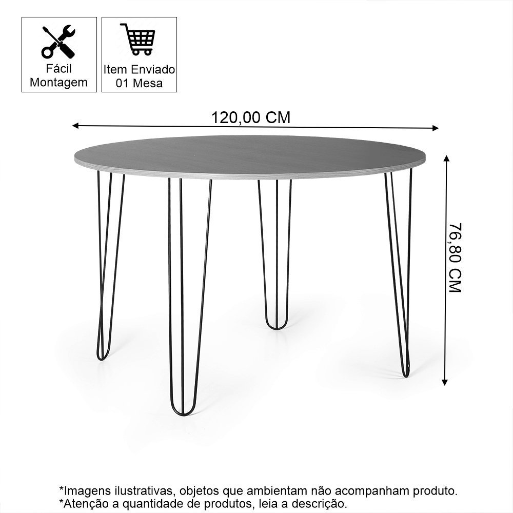 Mesa de Jantar Redonda 6 Lugares 120cm Base de Ferro Hairpin Preto - 3