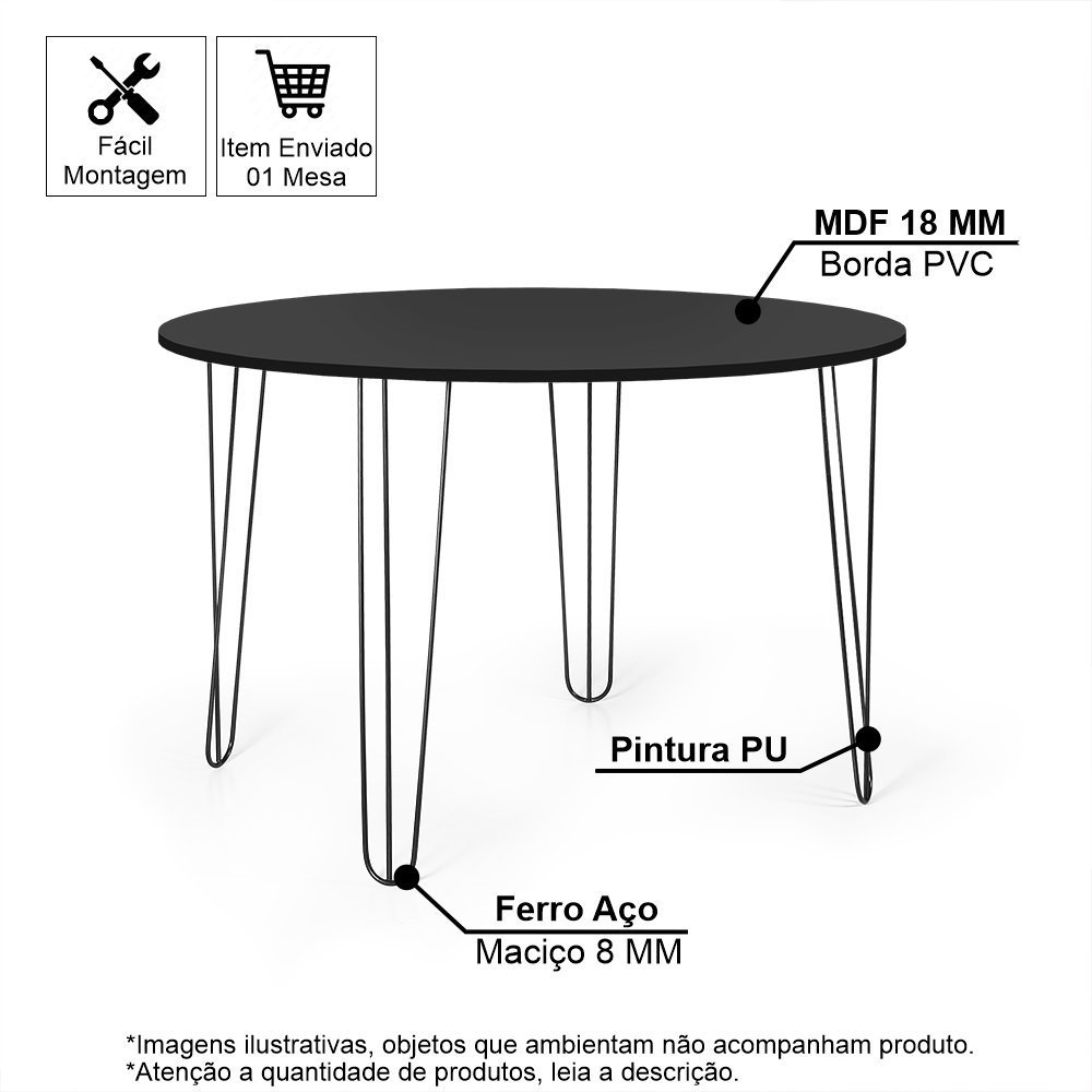 Mesa de Jantar Redonda 6 Lugares 120cm Base de Ferro Hairpin Preto - 2