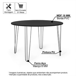 Mesa de Jantar Redonda 6 Lugares 120cm Base de Ferro Hairpin Preto - 2