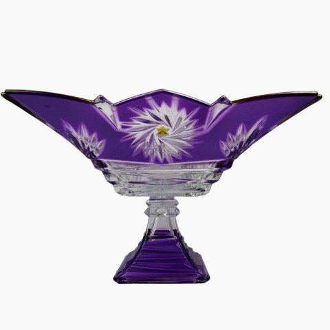 Centro de Mesa em Cristal com Pé Roxo com Dourado - 20x27cm - Centro de Mesa Elegante com Detalhes e