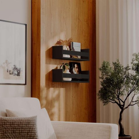 Kit 2 Prateleiras Porta Livros Preta 70 X 12cm Suporte Invisivel