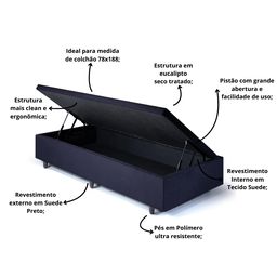 Cama Box Baú Solteirinho Suede 78x188x42cm com Pistão a Gás - 4