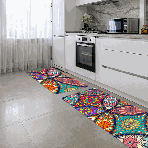 Kit Tapete de Cozinha 2 Peças Mandalas Coloridas