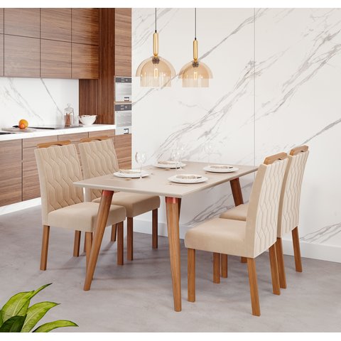 Conjunto Sala de Jantar com Mesa 130cm e 4 Cadeiras Paola Marrom/Madeira/Off White/Nature/Nude