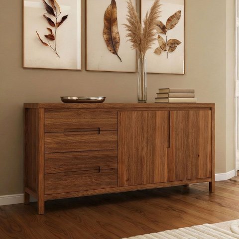 Aparador Buffet para Sala de Jantar 2 Portas 4 Gavetas 165cm Madeira Maciça Dunia F06 Rústico Escuro