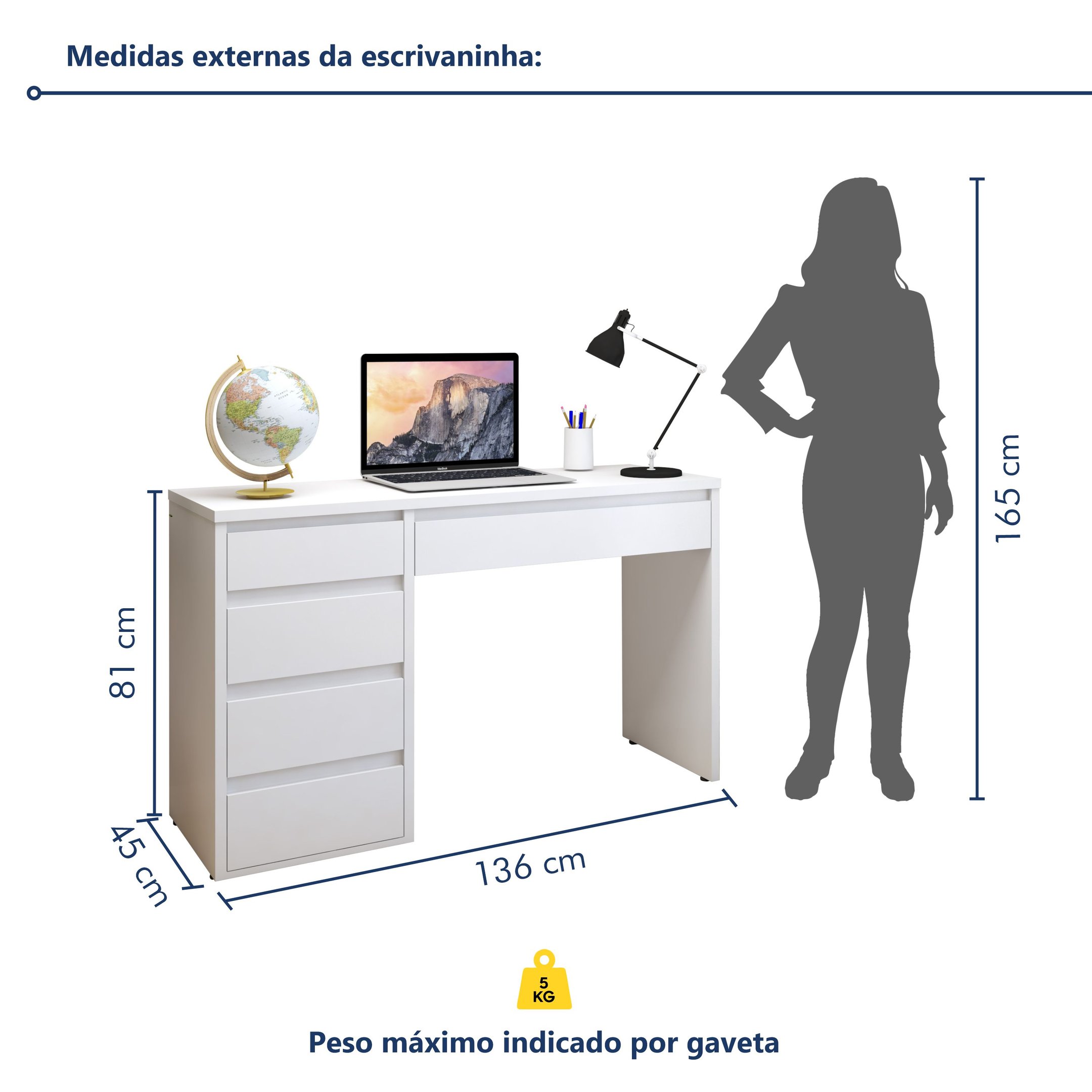 Escrivaninha 5 Gavetas 100% MDF Berlim Yescasa - 8