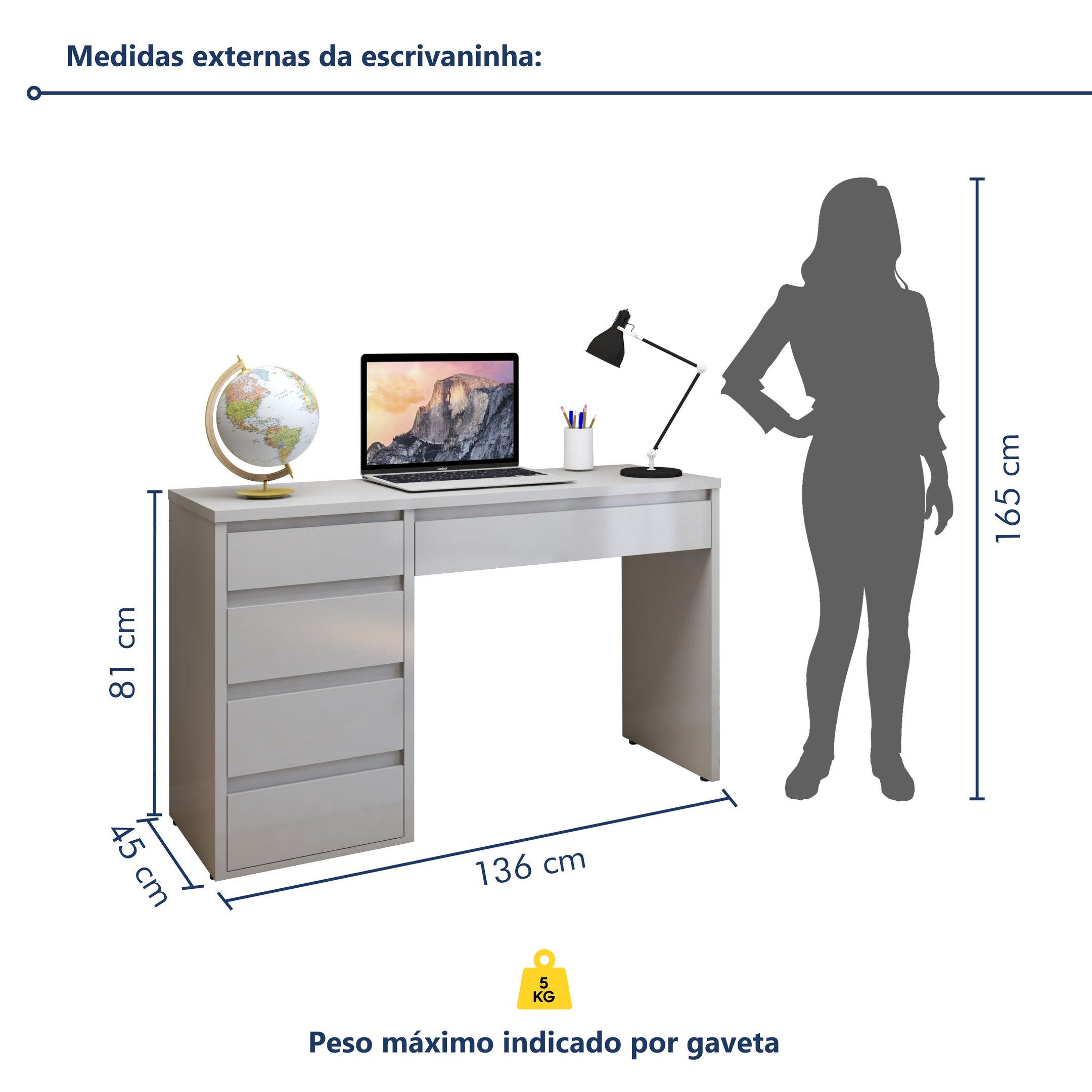 Escrivaninha 5 Gavetas 100% MDF Berlim Yescasa - 8