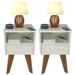 Kit 2 Mesas de Cabeceira com Gaveta 30 Cm Mdf Branco com Pés Fj Decor Retrô - 1