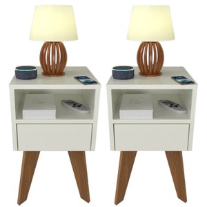 Kit 2 Mesas de Cabeceira com Gaveta 30 Cm Mdf Branco com Pés Fj Decor Retrô