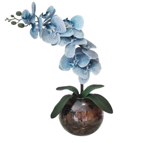 Arranjo com Orquídea Artificial Azul Vaso Decoração Sala