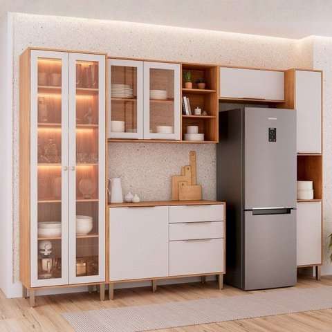 Cozinha Modulada 5 Peças 1 Cristaleira 1 Balcão 2 Armários Aéreo 1 Torre Cinamomo/Off White