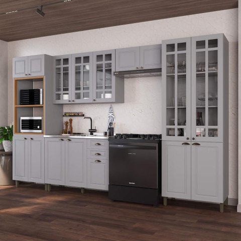 Armário de Cozinha Modulada Completa Fidelitá Nara 100% MDF 5 Peças 350cm 16 Portas 2 Gavetas sem