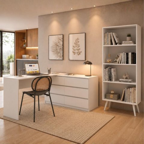 Kit Escrivaninha L 6 Gavetas com Estante Multiuso Essence Office Multimóveis MP6096 Branco
