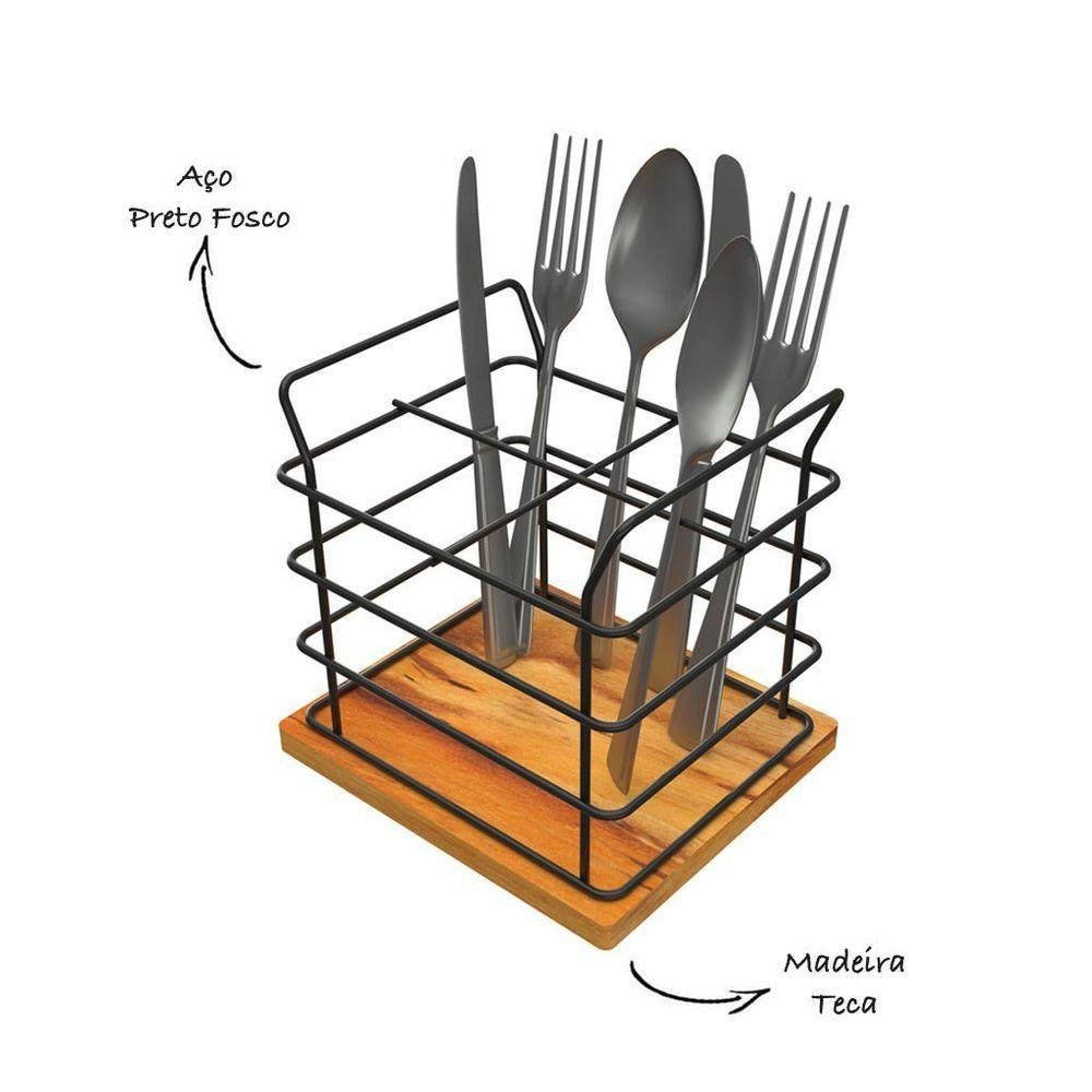 Porta Talheres Decorativo de Aço e Madeira Teca - Stolf - 2
