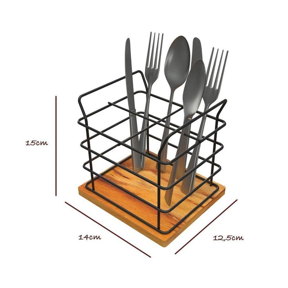 Porta Talheres Decorativo de Aço e Madeira Teca - Stolf - 3