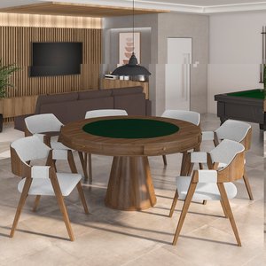 Conjunto Mesa de Jogos Carteado Bellagio Tampo Reversível Verde e 6 Cadeiras Madeira Poker Base Cone