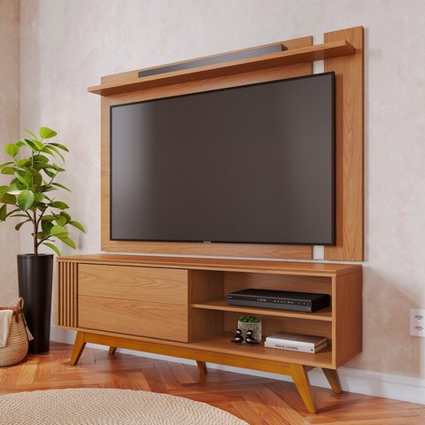 Rack com Painel Ripado para TV até 70 Polegadas 180CMX168,2cm Pés em Madeira Maciça Otawa e Leme Porta Deslizante Artesanal