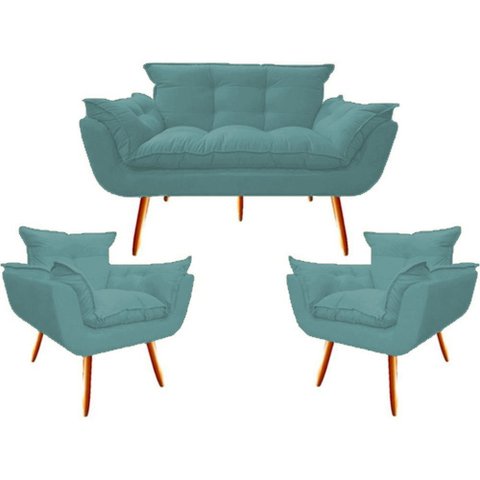 Kit Namoradeira + 2 Poltronas Decorativa Opala Suede Azul Turquesa - Twdecora