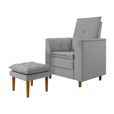 Poltrona de Amamentação Quarto Infantil com Puff Kate Pés Palito Veludo Prata - New Belle Kate Dia D