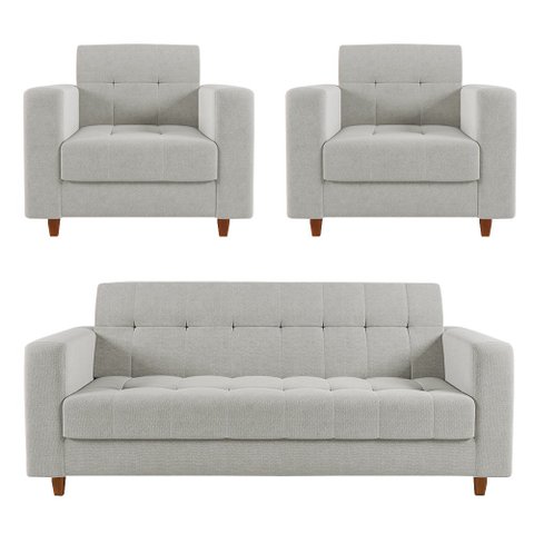 Kit Sofá 3 lugares e 02 Poltronas Arezzo Linho Pés Chanfrado Castanho - D’Rossi - A05 Cinza Claro