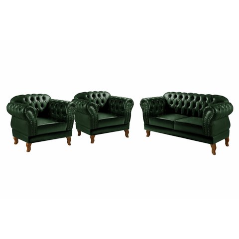 KIt Sofá Dom Pedro Chesterfield 2 Lugares + 2 Poltronas Decoração Recepção Sala - Couríssimo Verde