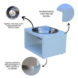 Comedouro Elevado Gato Cachorro Pet Mdf Luke - Inox - Branco - 4