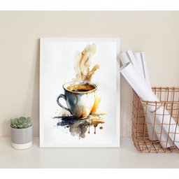 Quadro Decorativo Aquarela Café 33x24cm - com Vidro:madeira Preta - 1