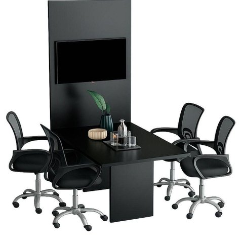Mesa de Reunião Retangular com Painel 6 Lugares Moderno MDP 136cm Preto Tecnomobili