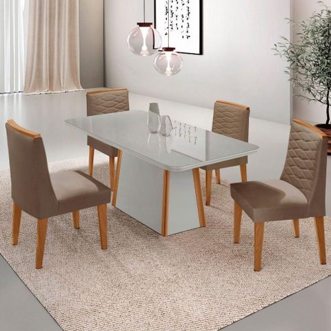 Mesa de Jantar Diane 120cm Tampo Mdf Vidro Cadeiras Eloise Moderna Veludo Capuccino Off White